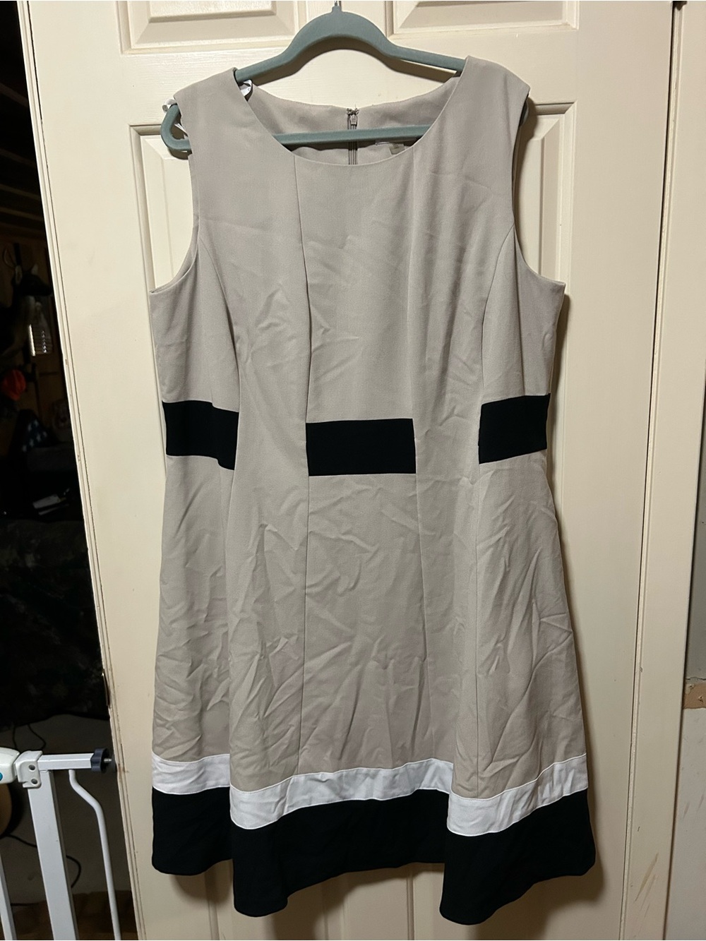 Calvin Klein Beige, Black & White Sleeveless Fit-and-Flare Midi Dress